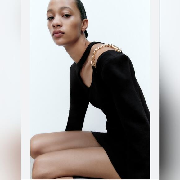 Zara Black Cut Out Gold Chain Mini Dress Size S - Picture 9 of 11
